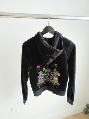 Vtg Y2K Juicy Couture Black Velour Zipper Hoodie Size M Graphic Back Crown